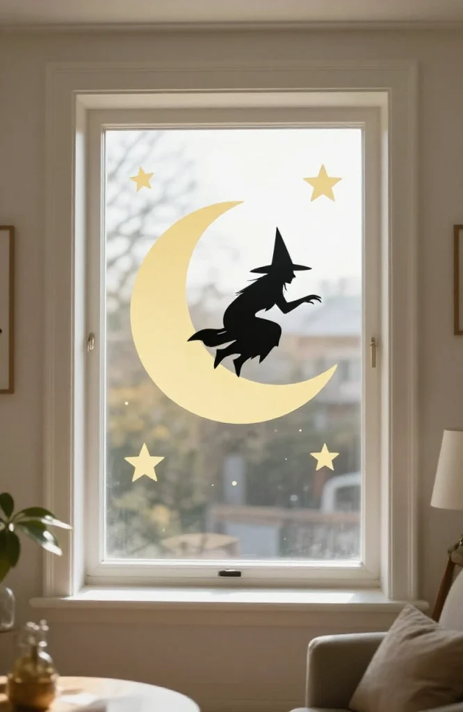 Window decorated with crescent moon and star cutouts on dark background creating nighttime Halloween scene