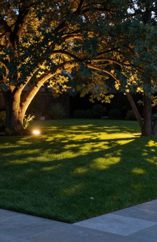 Garden illuminated by upward-facing lights positioned beneath tree canopies creating soft moonlight effect on foliage and gro