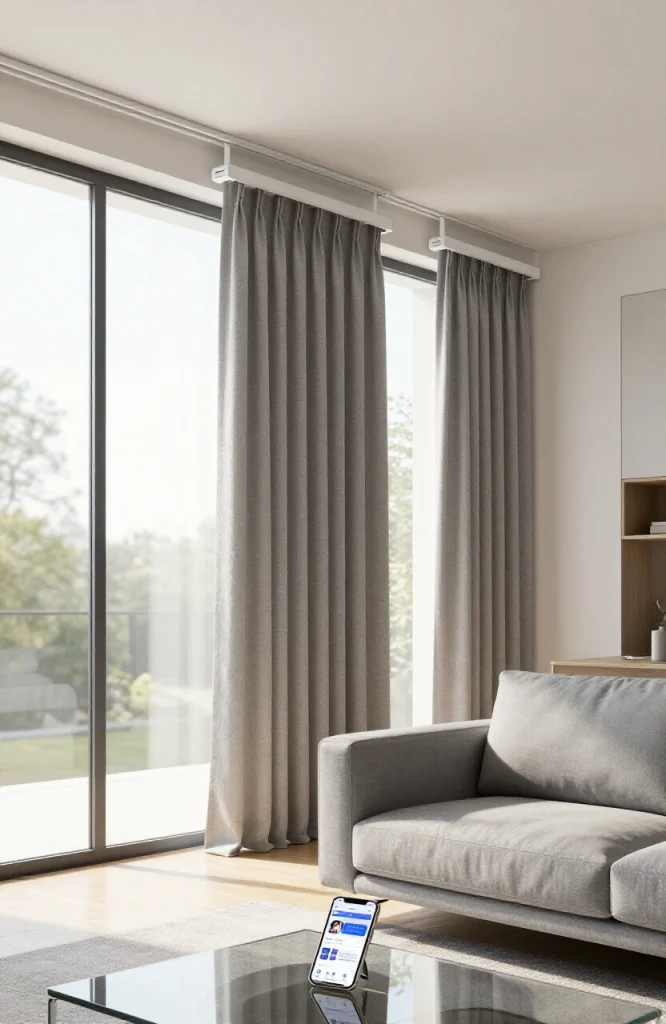 Modern living room with motorized curtains controlled by remote, demonstrating automated window treatment convenience