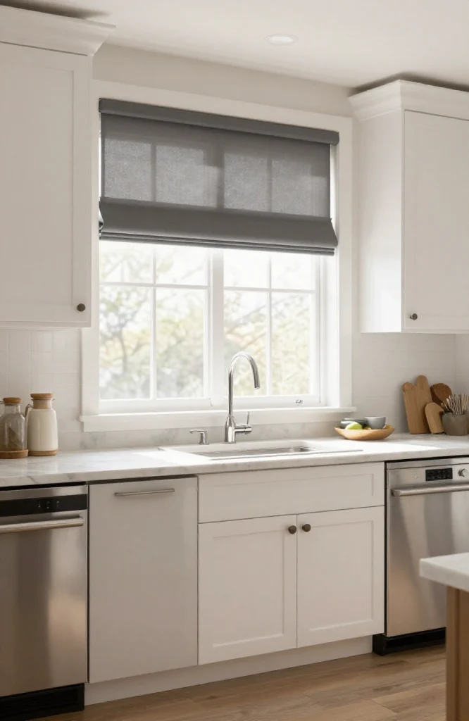 Modern motorized shades installed on kitchen window with smart home control system visible