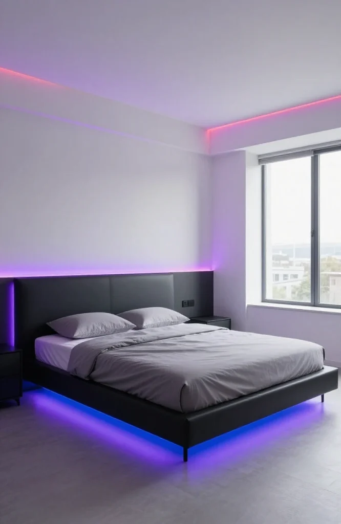 Bedroom with multi-colored LED strip lights creating colorful ambient lighting along walls and ceiling for Y2K aesthetic