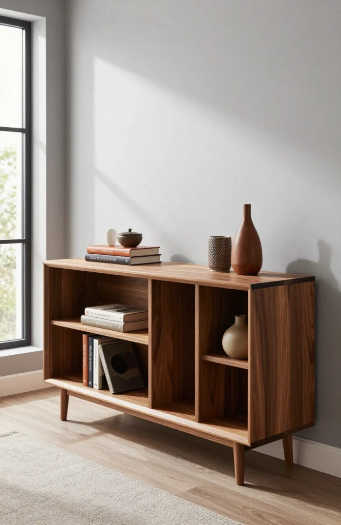 Modern shelving unit combining desk and bookshelf storage in compact bedroom corner