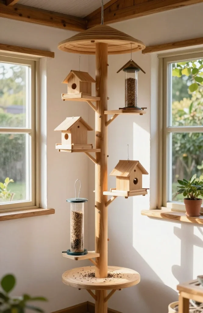 Wooden multi-tier tower bird feeder with stacked compartments and perches for attracting various bird species