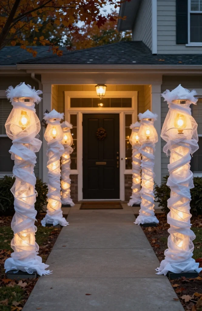 Lamp posts wrapped in white gauze bandages as mummy decorations flanking a Halloween walkway entrance