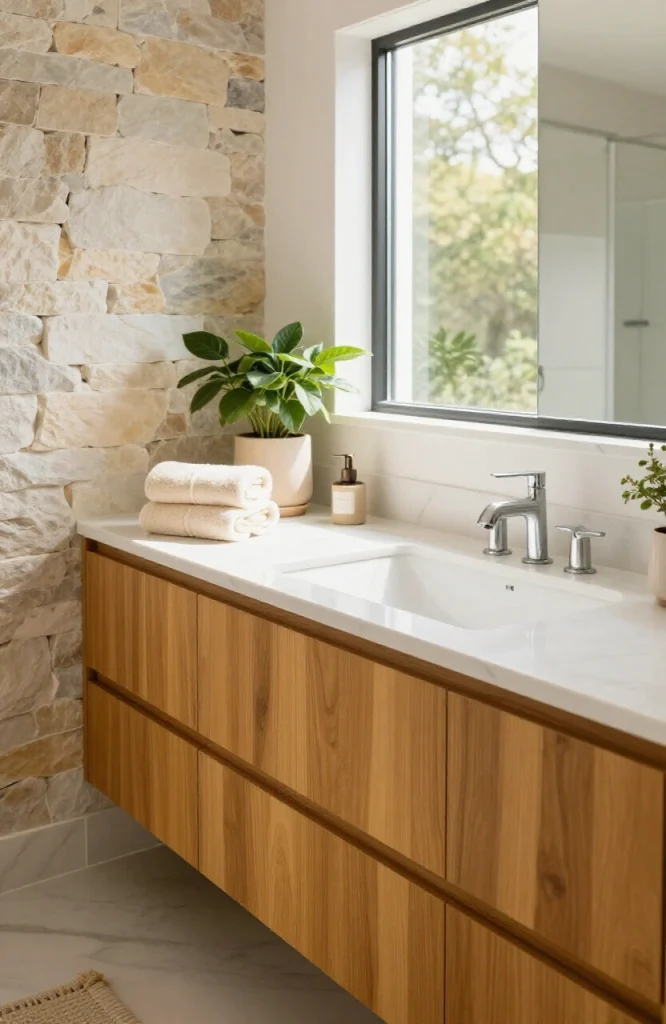 Bathroom with natural stone walls, wood accents, and warm lighting creating texture and depth