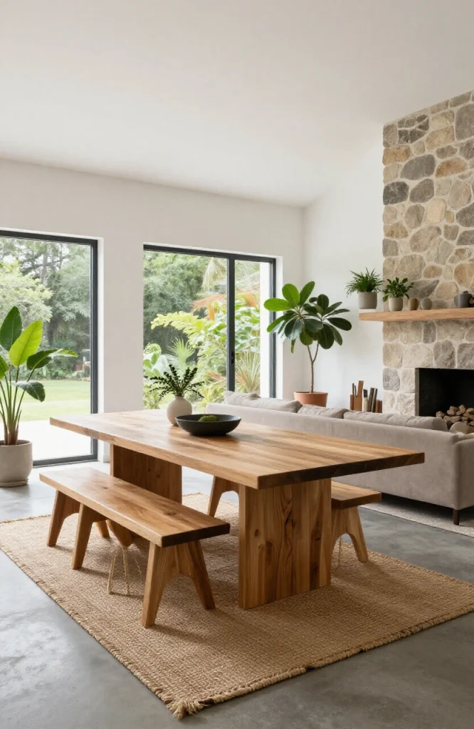 Open floor plan living room with natural wood beams, stone fireplace, and warm textiles creating cohesive design