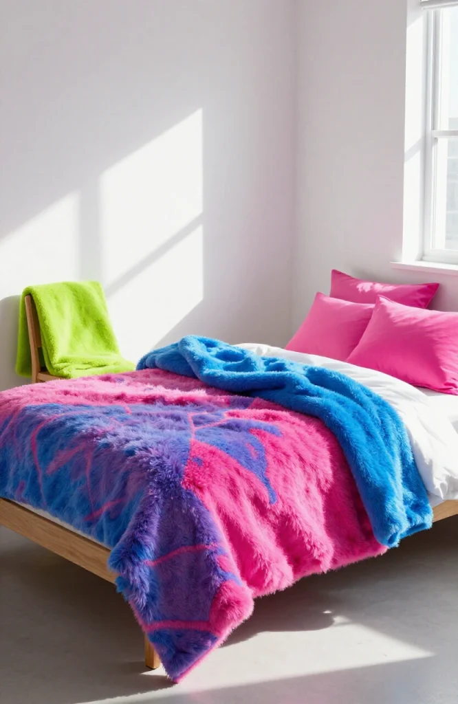 Bright neon fuzzy throw blanket draped over bed for Y2K bedroom aesthetic