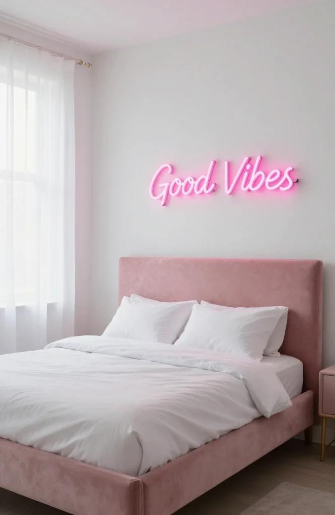 Bright neon sign glowing in a dark 2000s-style bedroom with minimalist furniture and retro wall art