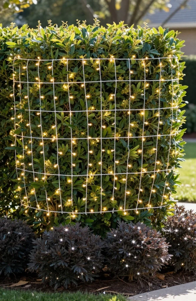 Green net Christmas lights covering low hedges and shrubs with warm white LED bulbs creating festive outdoor decoration