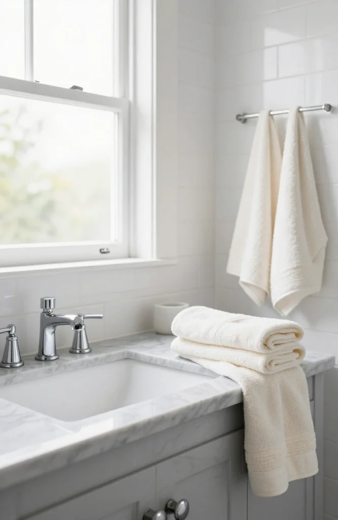 Modern bathroom featuring neutral beige and white color palette with marble countertop and soft lighting