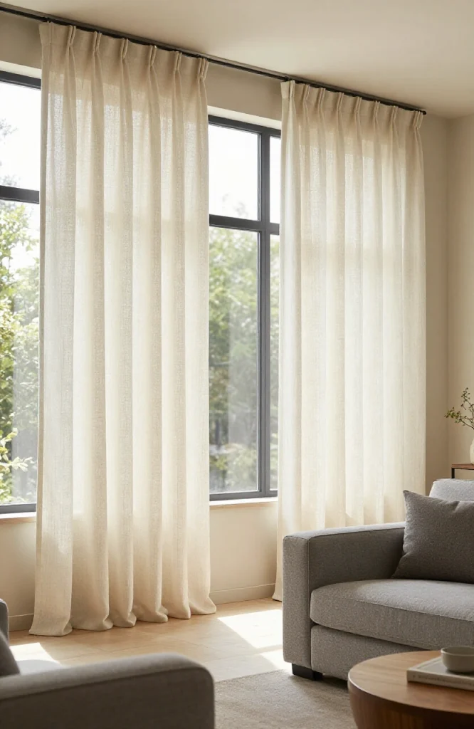 Neutral beige curtains hanging on living room window providing versatile backdrop for furniture and decor