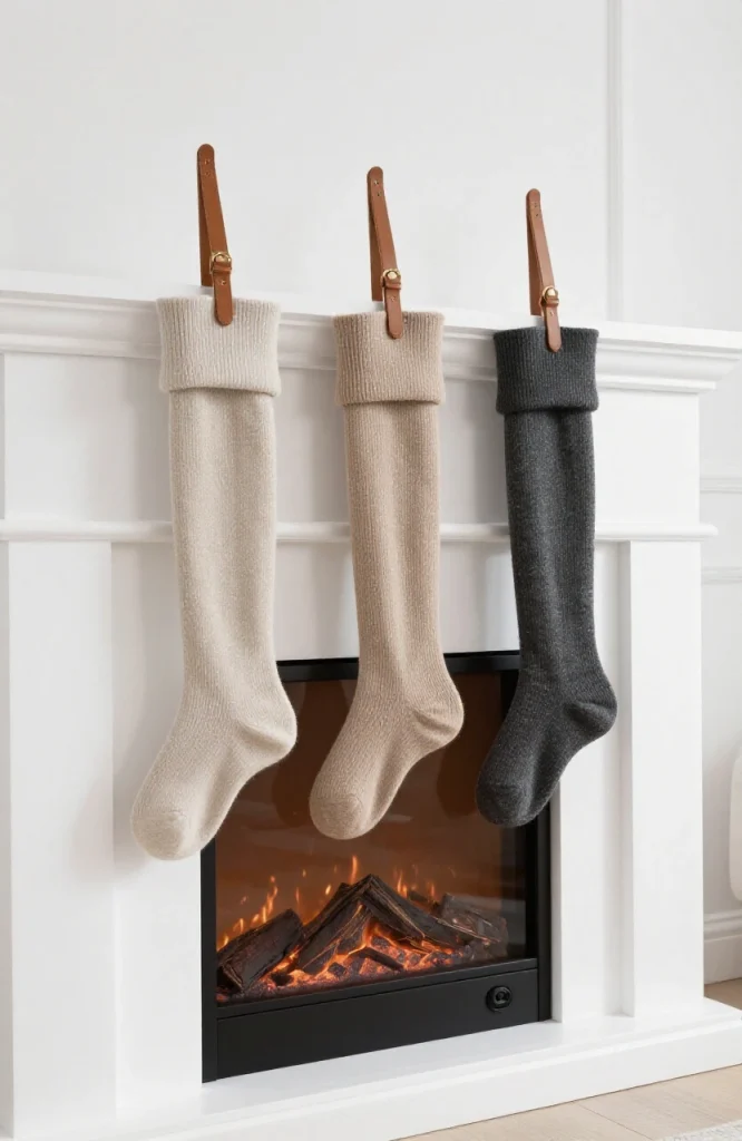 Cream and beige linen boucle Christmas stockings hung on mantle in minimalist holiday decor style