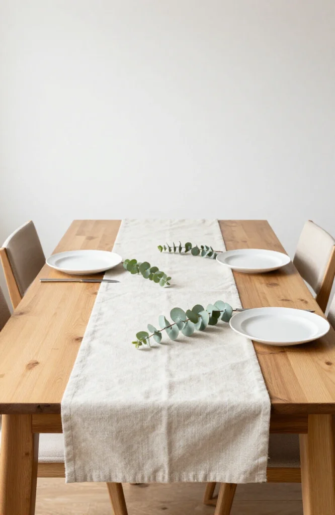 Cream colored table runner decorated with fresh green sprigs and eucalyptus branches on wooden table