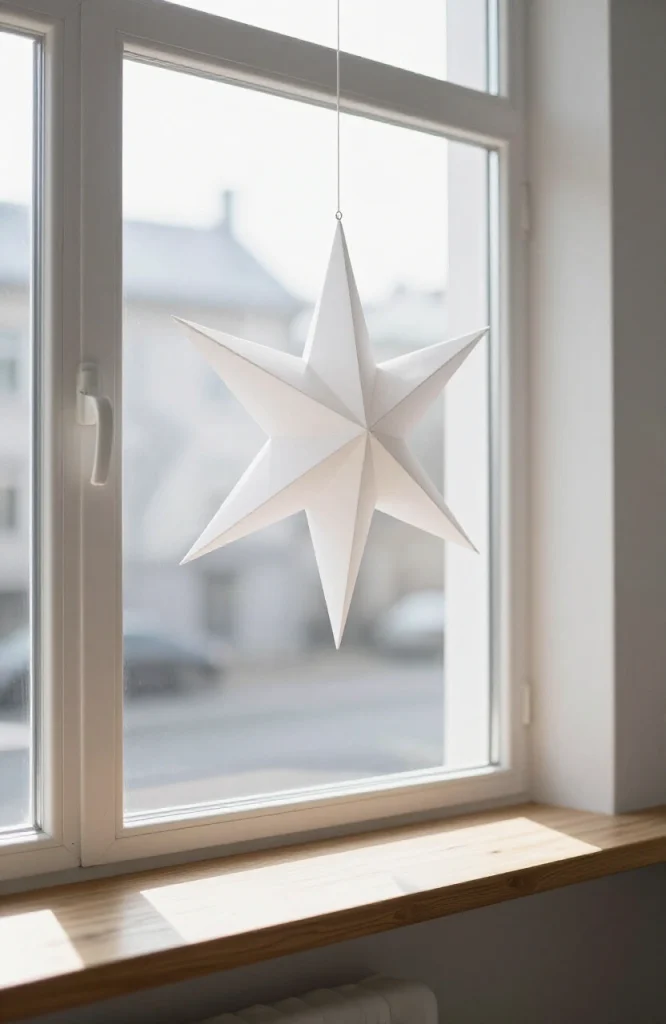 White geometric paper star ornament hanging in window against natural light, minimalist Christmas decoration