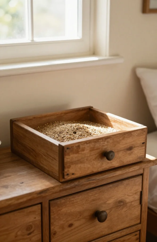 Wooden drawer converted into platform bird feeder mounted outdoors with birds feeding