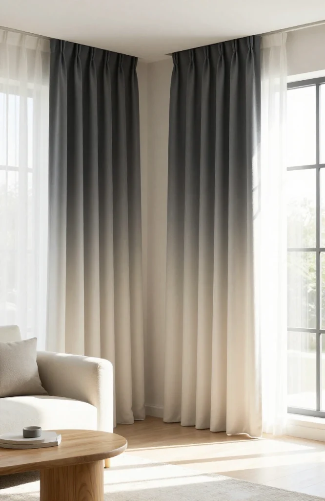 Ombre curtains displaying a smooth color gradient from light to dark shade in a modern living room