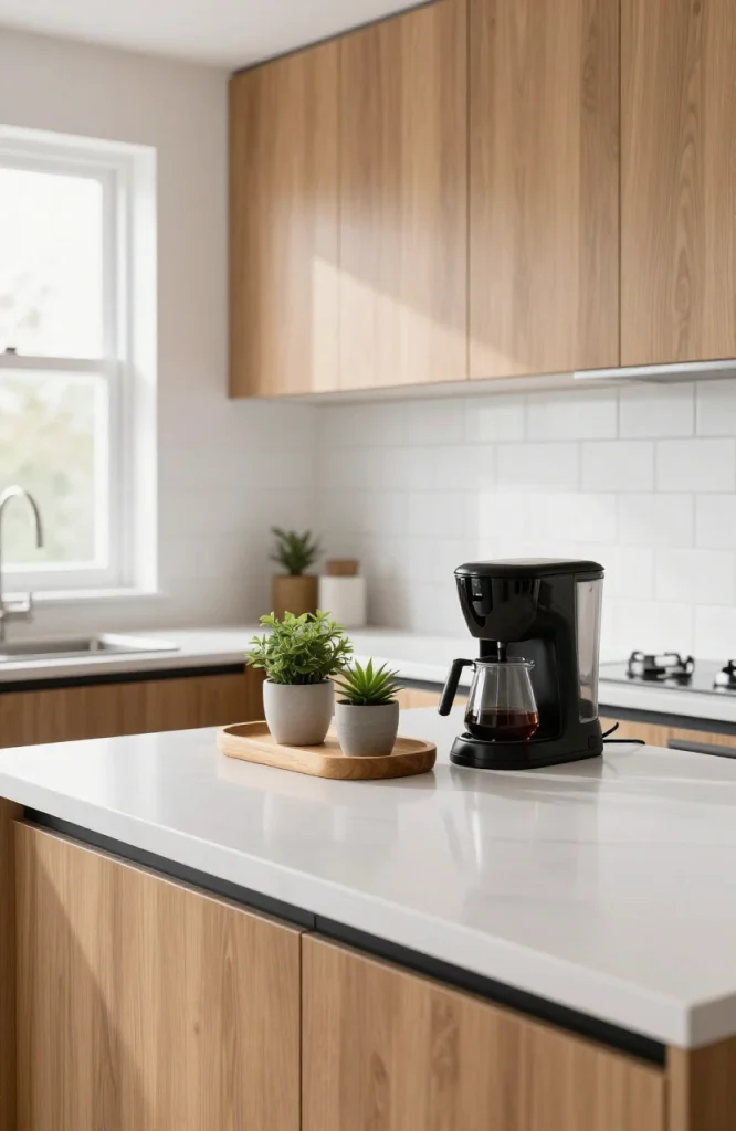 Styled open kitchen counter with decorative items, cookbooks, and plants arranged on white surfaces