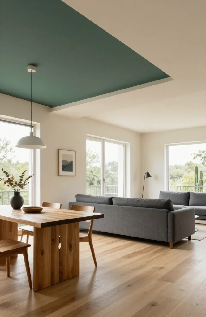 Modern open floor plan with different ceiling colors creating defined zones without walls