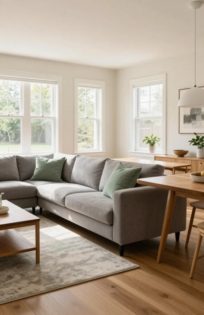 Modern open floor plan interior with separate furniture groupings, neutral color palette, and defined living spaces