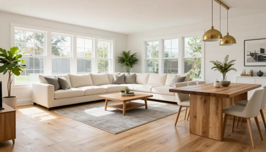 Modern open floor plan living room with neutral furnishings, large windows, and cohesive decoration styling