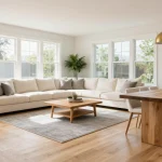 Modern open floor plan living room with neutral furnishings, large windows, and cohesive decoration styling