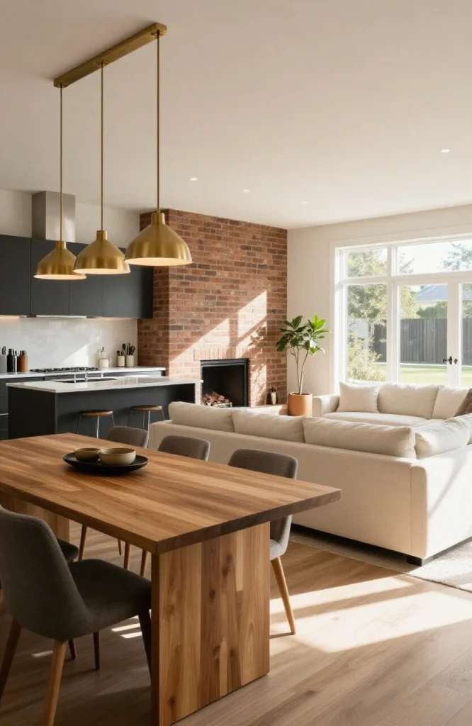 Open floor plan living space with distinct zones each featuring its own focal point and furniture arrangement