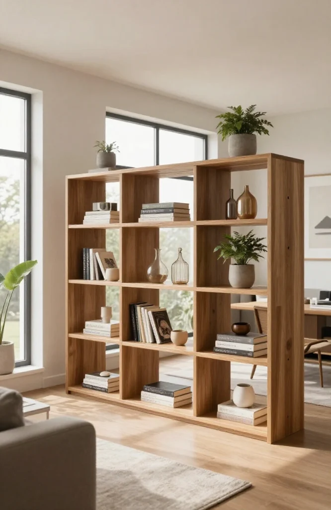 Modern open shelving unit used as room divider in spacious open floor plan living area
