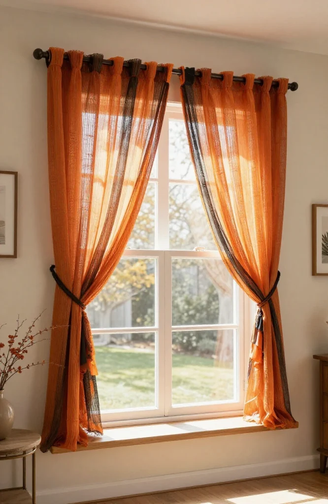 Orange and black crepe paper valance draped across a window as a Halloween decoration