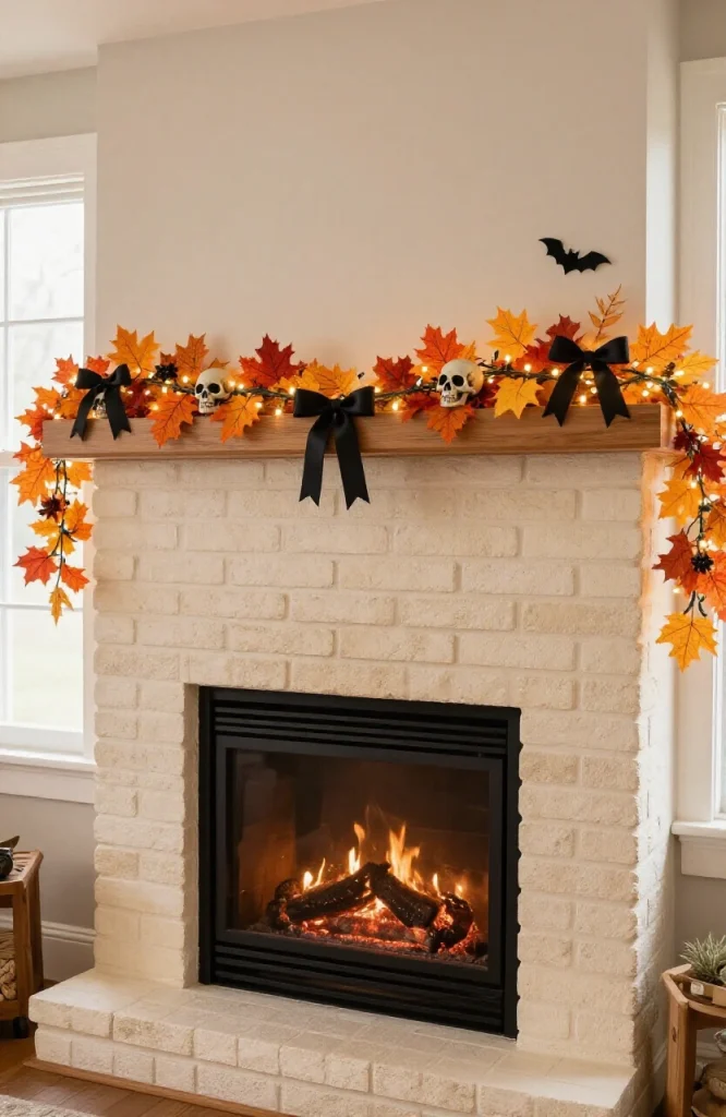Orange fairy lights strung with colorful fall foliage leaves creating a warm glowing garland for fireplace mantel decoration