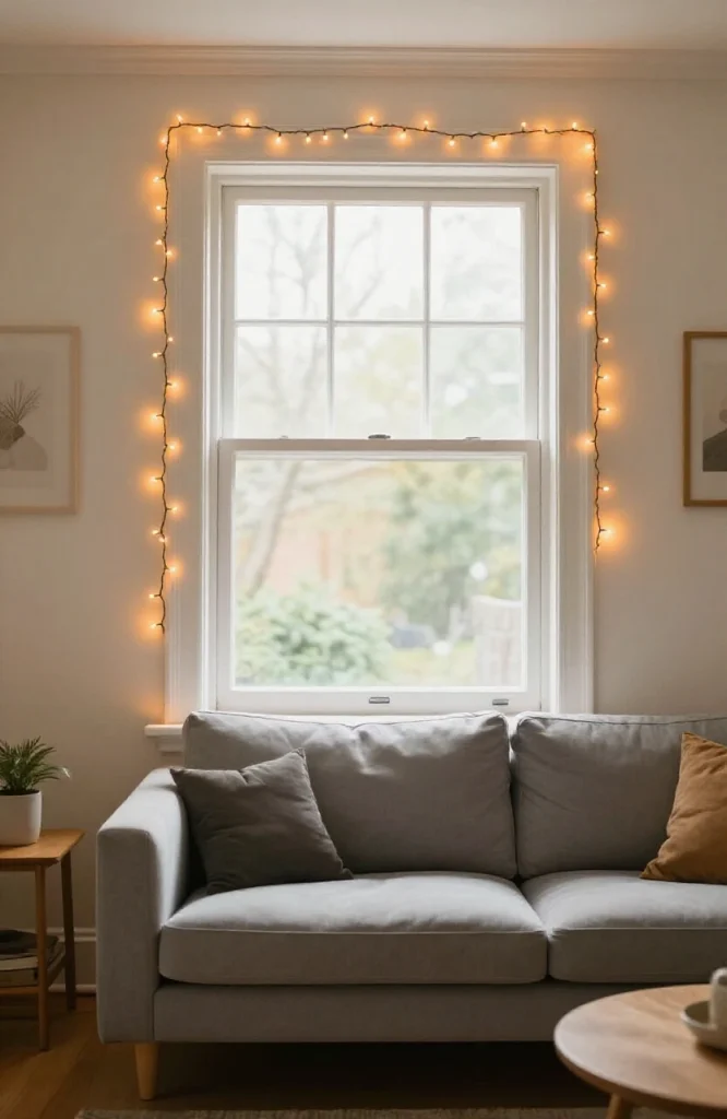 Window framed with warm orange string lights creating a glowing Halloween decoration effect
