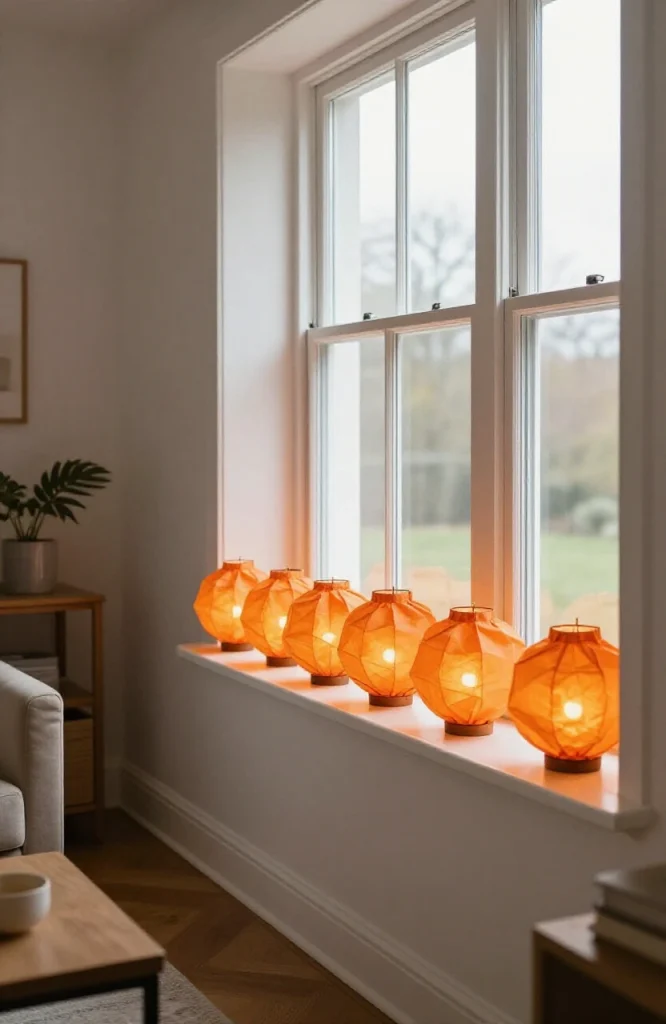 Orange tissue paper luminaries glowing on a window sill for Halloween decoration