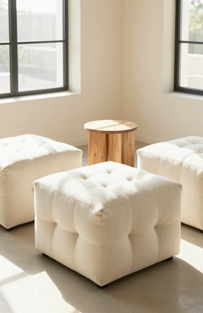 Contemporary living room featuring multiple upholstered ottomans arranged as primary seating without traditional sofa