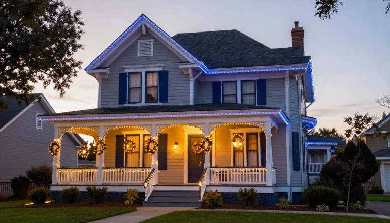 Brightly lit house exterior with colorful Christmas light displays wrapping around roof and trees
