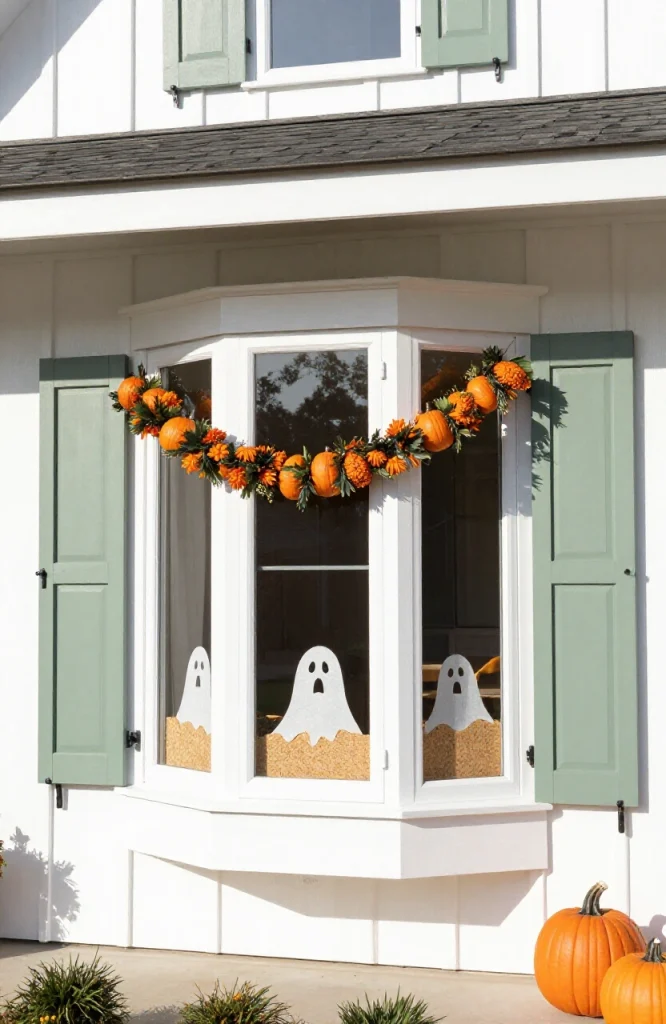 Halloween window display with glowing pumpkins, orange lights, and spooky silhouettes on exterior home