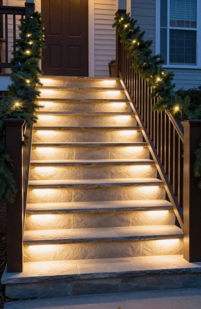 Outdoor staircase illuminated with warm white step lights and LED tape lights creating festive holiday ambiance