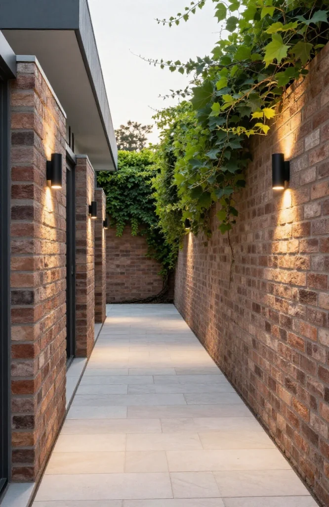 Outdoor wall lights installed along a narrow side passage between garden buildings, illuminating the walkway