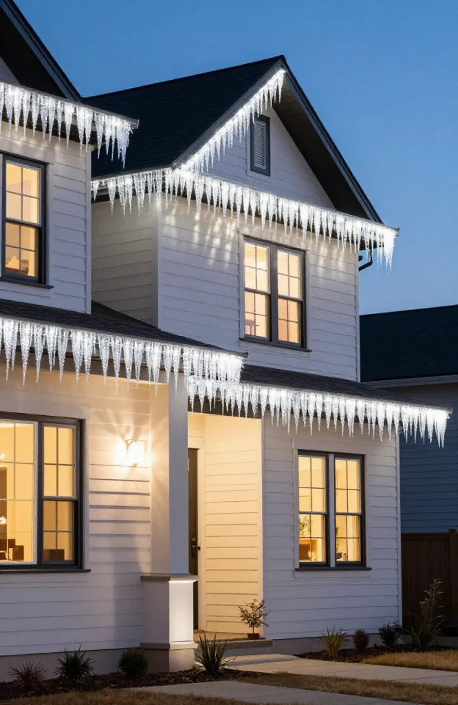 House decorated with white icicle lights outlining the roofline creating a winter wonderland effect
