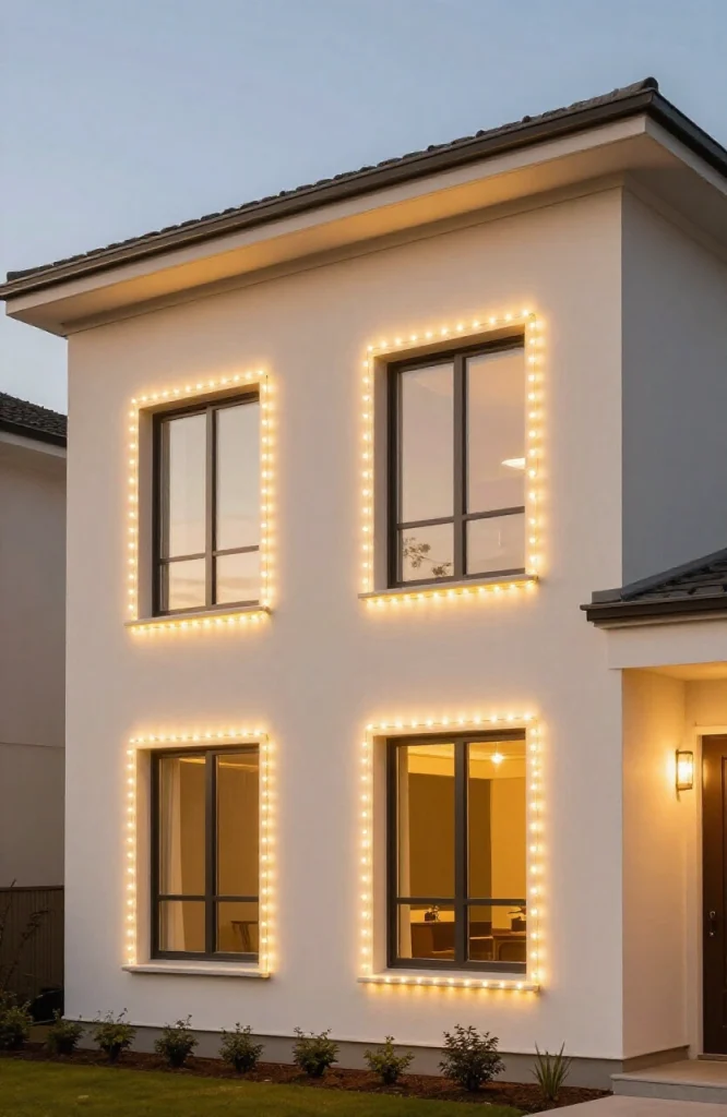 Window outlined with warm white string lights and light strips creating festive holiday ambiance on home exterior