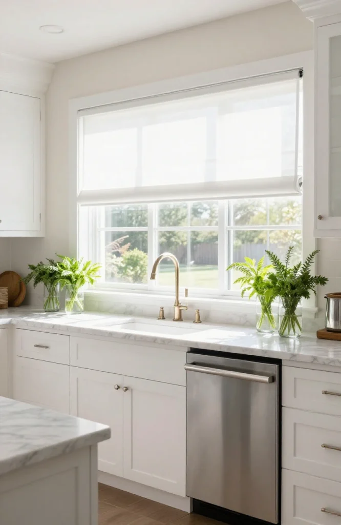 Outside mounted white blinds installed on kitchen window frame above sink area