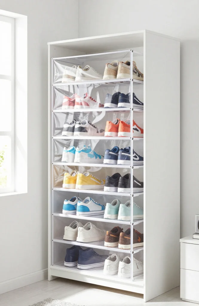 Clear over the door shoe organizer hanging on dorm room door displaying multiple pairs of shoes and accessories