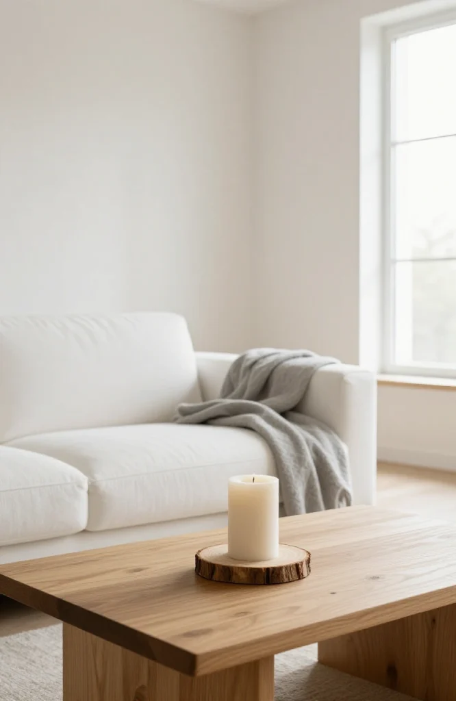 Single large pillar candle displayed on a coffee table as minimalist Christmas decoration