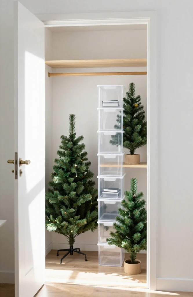 Wrapped Christmas tree sections stacked vertically in cardboard storage box demonstrating space-saving packing method