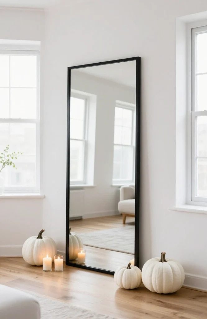 Black painted window pane mirror with grid pattern for minimalist Halloween home decoration