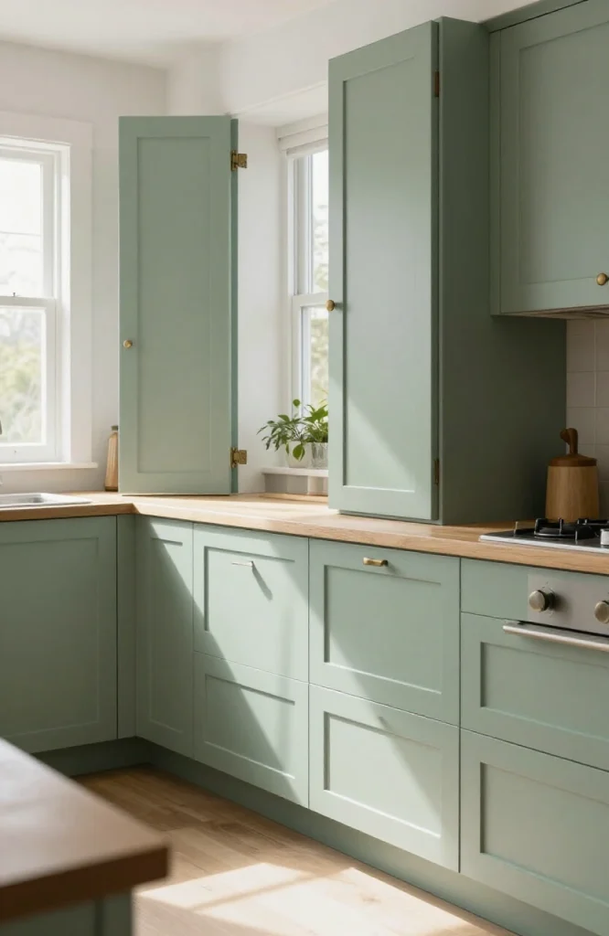 Kitchen with freshly painted cabinet doors in soft white finish, showcasing budget-friendly cabinet refacing without replacin