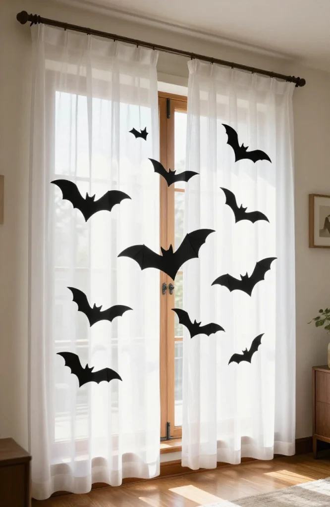 Black paper bat cutouts clustered on a glass window pane for Halloween decoration