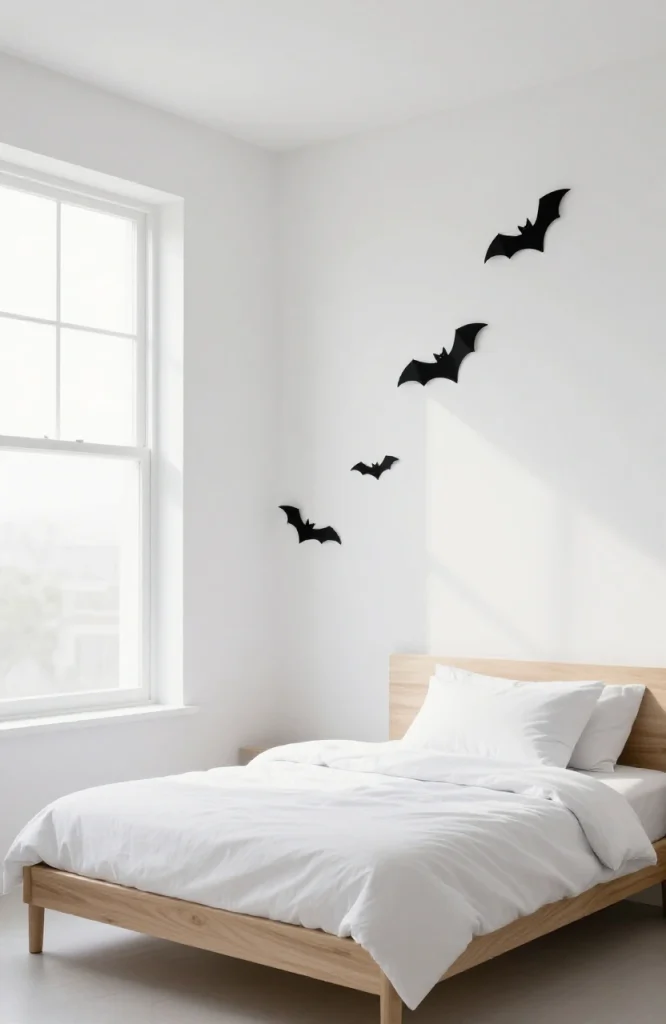 Wall decorated with black paper bats arranged in a scattered cluster pattern for minimalist Halloween decor