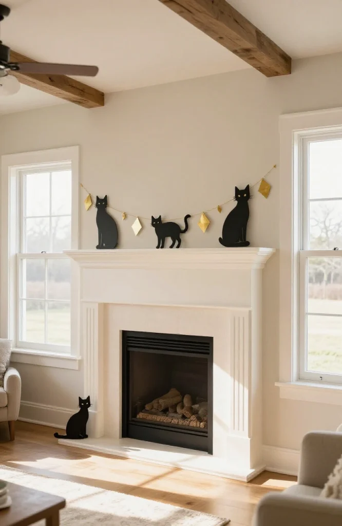 Black paper cat silhouettes hanging as a garland decoration on a fireplace mantel for Halloween