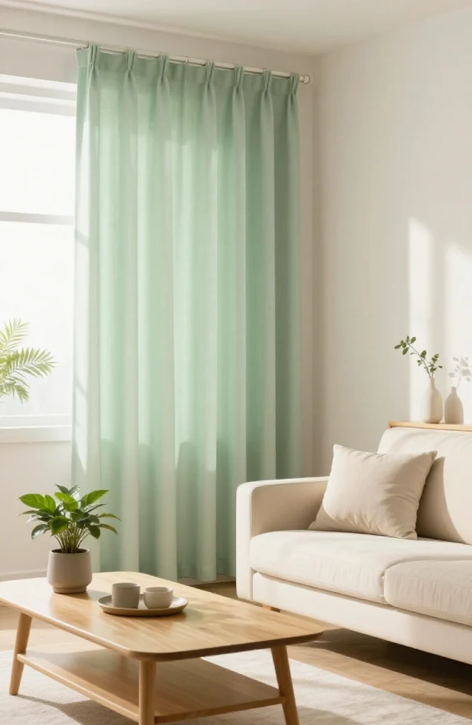Soft pastel curtains in light pink and blue tones framing large living room windows with neutral furniture