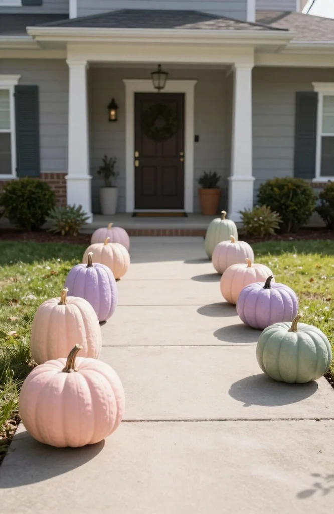 Pastel colored pumpkins arranged along a Halloween walkway creating a kid-friendly festive pathway decoration