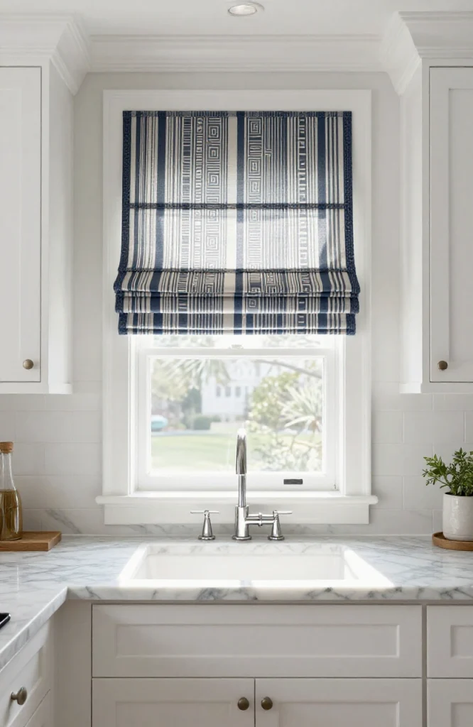 Kitchen window dressed with patterned fabric roman shades in neutral tones and geometric design